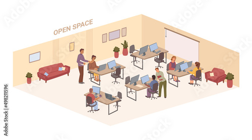 Interior planning area of open space, isolated office with comfortable furniture for workers. Vector plan of floor, decoration and whiteboard for presentation and creative ideas writing photo