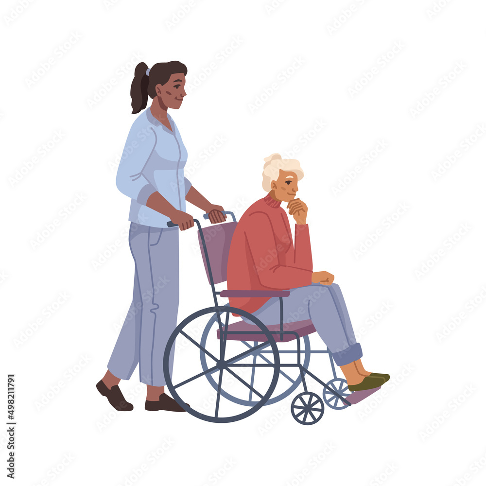 Care and help to senior people in nursing home or hospital. Vector flat cartoon characters, woman assisting grandmother pushing wheelchair. Assistance and healthcare for elderly person Care and help to senior people in nursing home or hospital. Vector flat cartoon characters, woman assisting grandmother pushing wheelchair. Assistance and healthcare for elderly person
