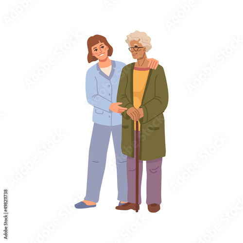 Care and assistance for senior people, isolated nurse helping elderly woman with walking stick. Vector flat cartoon character in nursing home or hospital. Therapy and treatment for old lady