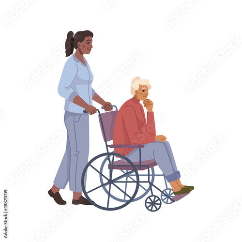 Care and help to senior people in nursing home or hospital. Vector flat cartoon characters, woman assisting grandmother pushing wheelchair. Assistance and healthcare for elderly person