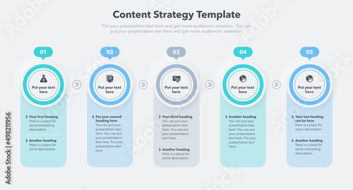 Content strategy template with five stages and place for your content. Easy to use for your website or presentation.	