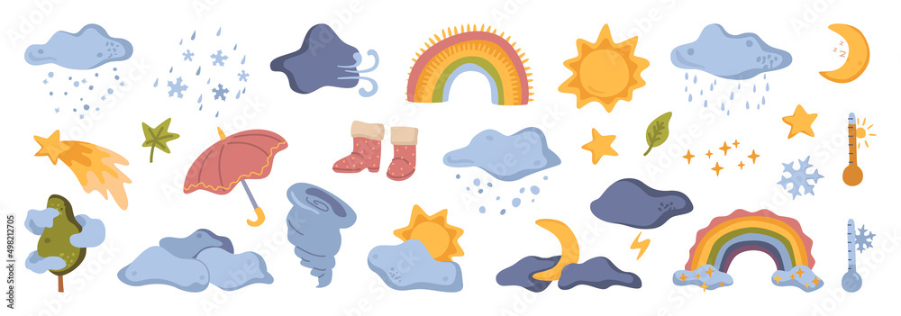 Cute and funny weather icons, isolated umbrella, rain and rainbow. Vector in flat style, clouds and sunshine, moon and shooting stars, tornado and tree. Heat and cold temperature seasons Cute and funny weather icons, isolated umbrella, rain and rainbow. Vector in flat style, clouds and sunshine, moon and shooting stars, tornado and tree. Heat and cold temperature seasons