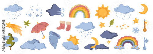 Cute and funny weather icons, isolated umbrella, rain and rainbow. Vector in flat style, clouds and sunshine, moon and shooting stars, tornado and tree. Heat and cold temperature seasons