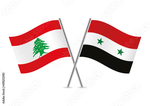 Lebanon and Syria crossed flags. Lebanese and Syrian flags on white background. Vector icon set. Vector illustration.