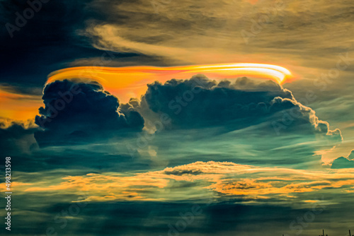 A Rare Look at  Mother-of-pearl Iridescent Cloud. fire rainbows or rainbow clouds. Iridescent Pileus Cloud colorful optical phenomenon sky photo