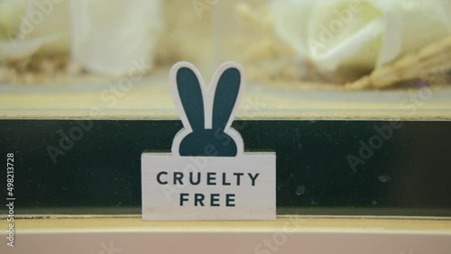 Shop of ethical cosmetics for conscious people who care not only about themselves but also about animals. A symbol free from cruelty in the form of rabbit ears. Prohibition of experiments on animals. photo