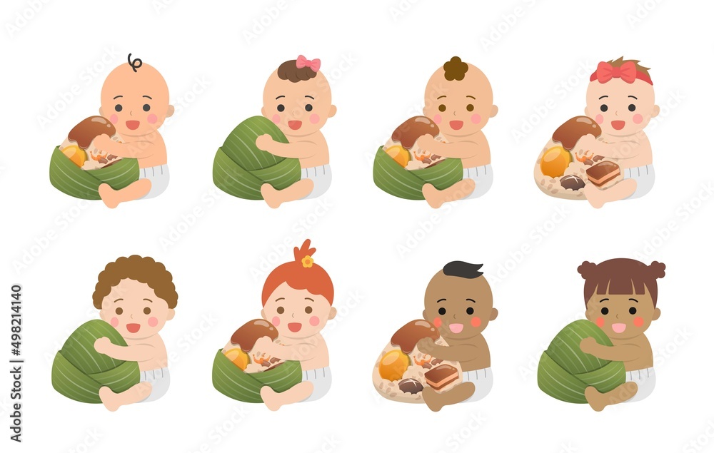 8 Babies with Different Skin Tones and Chinese Dragon Boat Festival Traditional Foods: Zongzi, Glutinous Rice Food Wrapped in Bamboo Leaves 8 Babies with Different Skin Tones and Chinese Dragon Boat Festival Traditional Foods: Zongzi, Glutinous Rice Food Wrapped in Bamboo Leaves