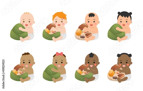 8 Babies with Different Skin Tones and Chinese Dragon Boat Festival Traditional Foods: Zongzi, Glutinous Rice Food Wrapped in Bamboo Leaves