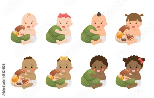8 Babies with Different Skin Tones and Chinese Dragon Boat Festival Traditional Foods: Zongzi, Glutinous Rice Food Wrapped in Bamboo Leaves