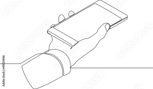 Continuous one line drawing a hand holding texting using mobile. concept continuous line draw design vector illustration.