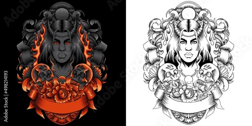 Colorful tattoo vintage template with horned girl with roses and skull vector illustration