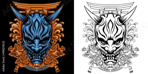 Oni mask with roses, tori gate, and japanese ornament. vector illustration