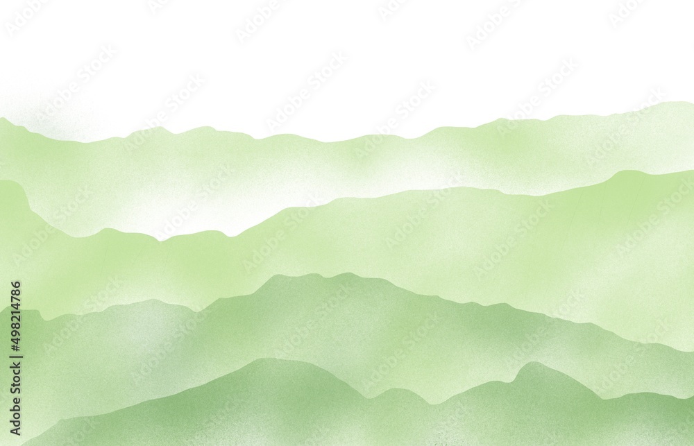 Abstract green watercolor waves mountains on white background
