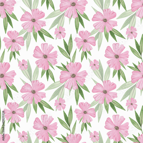 Seamless pattern with pink flowers on white background. Watercolor pattern, simple rustic elements. Soft floral background. Texture for fashionable fabric, wrapping paper, girl wallpaper