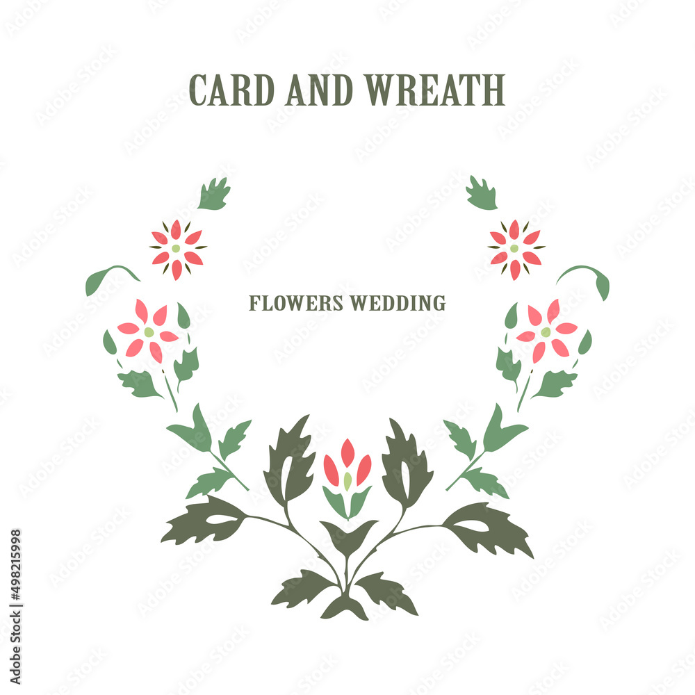 Minimalist wedding invitation floral card. Simple wildflowers, stems, leaves on white background. Vector illustration, greeting card, logo, branding design, poster, print, wedding invitation, birthday