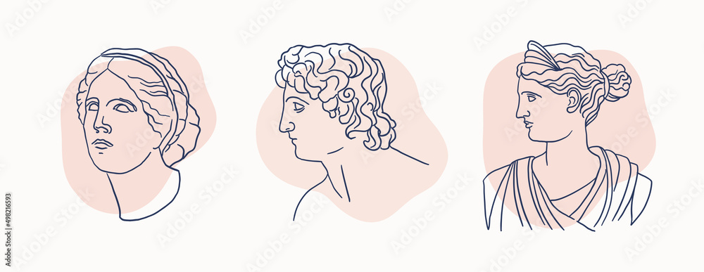 Set of antique heads in a linear style. Ancient Greek gods for design of clothes, posters, bag shopper, invitations. Classic sculptures of mythological characters: Venus, Aphrodite and Apollo.