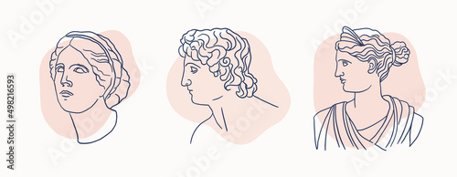 Set of antique heads in a linear style. Ancient Greek gods for design of clothes, posters, bag shopper, invitations. Classic sculptures of mythological characters: Venus, Aphrodite and Apollo.