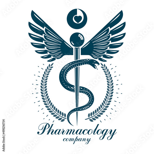 Aesculapius vector abstract business logo for use in medical treatment. Cardiovascular system diseases prevention conceptual emblem.