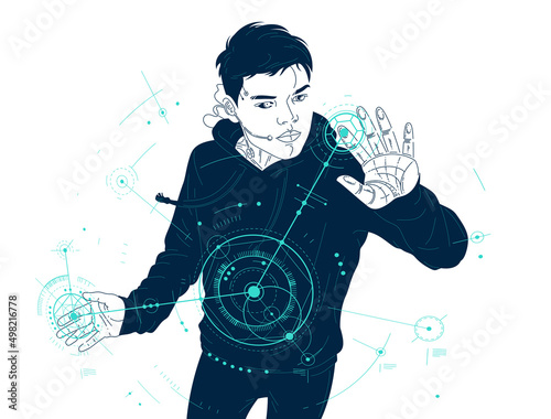 Teenager boy robot controls HUD engineering virtual interface vector illustration, futuristic concept engineer science AI, future technology theme.