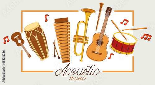 Acoustic music instruments poster vector flat illustration isolated on white, rock ballads concert or festival flyer or banner advertising announcement, live sound fest, rock musical bands.