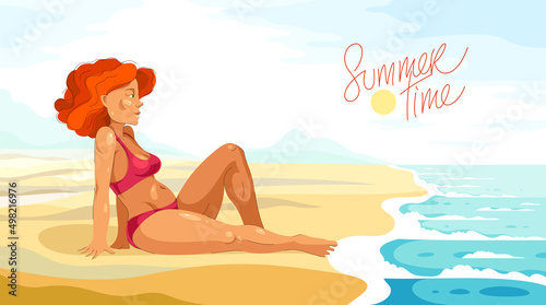 Pretty sexy woman on sea shore beach wearing bikini calm relaxing and rest looking to the sea, posing attractive adorable gorgeous girl on nature.