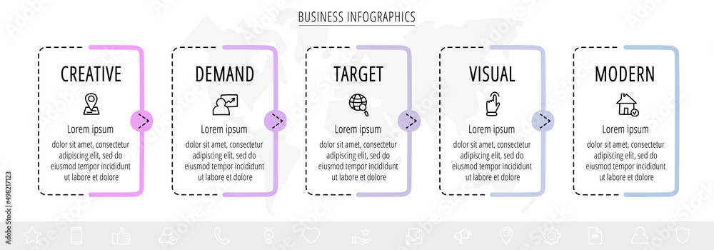 Modern vector hand-drawn infographics with 5 arrows and rectangles. Business concept graphic process template with five steps and symbols. Sketch timeline for a project on white background Modern vector hand-drawn infographics with 5 arrows and rectangles. Business concept graphic process template with five steps and symbols. Sketch timeline for a project on white background