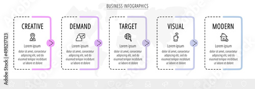 Modern vector hand-drawn infographics with 5 arrows and rectangles. Business concept graphic process template with five steps and symbols. Sketch timeline for a project on white background