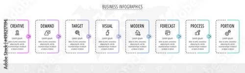 Modern vector hand-drawn infographics with 8 arrows and rectangles. Business concept graphic process template with eight steps and symbols. Sketch timeline for a project on white background