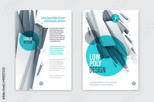 Low poly abstract form isolated creative cover, vector future shape design polygonal art brochure, dimensional geometric dynamic tech theme, with mesh lines.