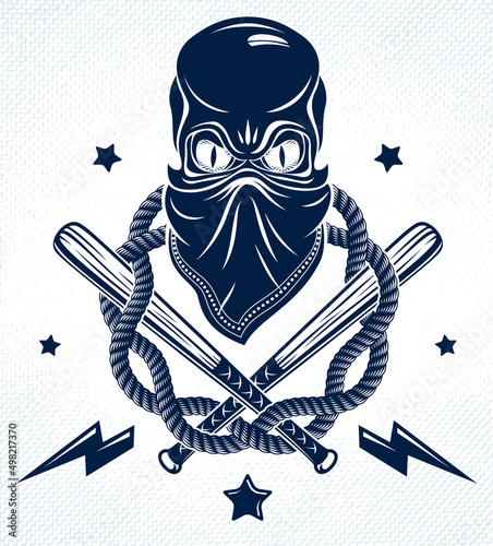 Brutal gangster emblem or logo with aggressive skull baseball bats and other weapons and design elements, vector anarchy crime or terrorism retro style, ghetto revolutionary.