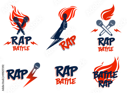 Rap music vector logos or emblems set with microphone in hand flames and lightning bolt, hot Hip Hop rhymes festival concert or night club party labels, t-shirt prints.