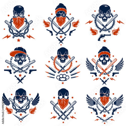 Gangster emblem logo or tattoo with aggressive skull baseball bats and other weapons and design elements, vector set, criminal ghetto vintage style, gangster anarchy or mafia theme.