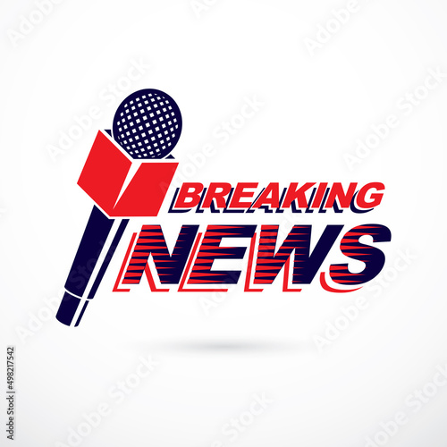 Hot news conceptual logo composed using breaking live news writing and press microphones. Global broadcasting theme illustration.