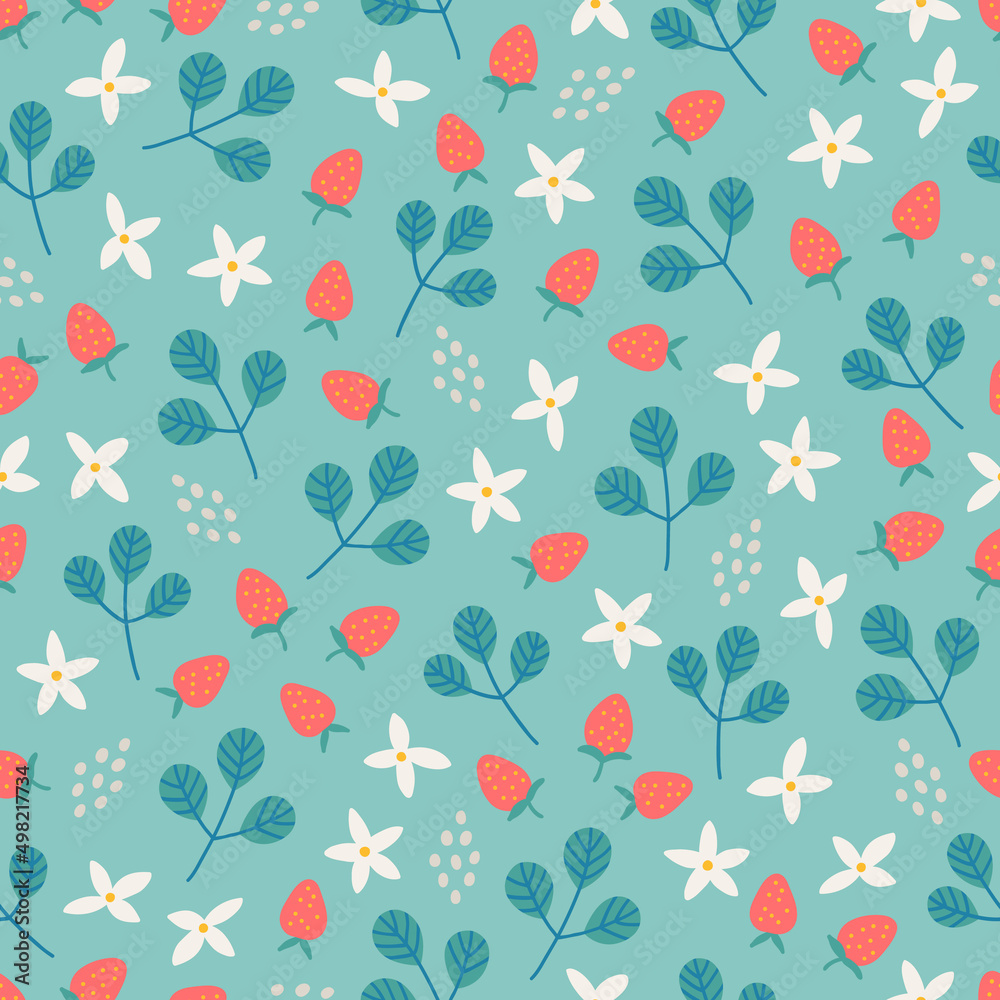 Floral seamless pattern with wild strawberry, flowers, leaves. Vector illustration