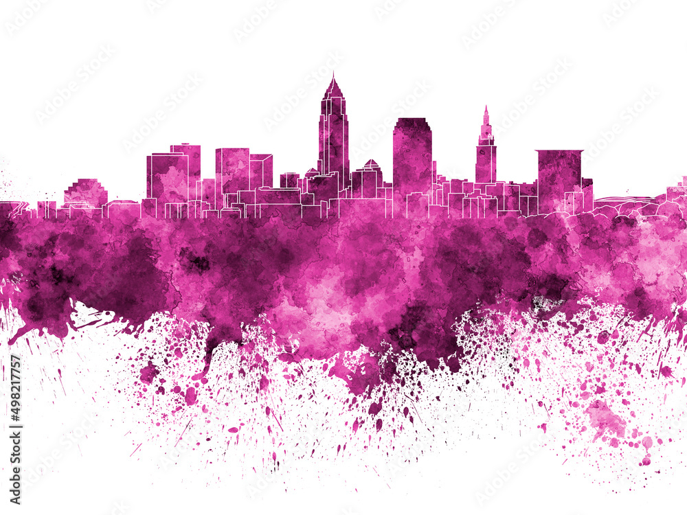Cleveland skyline in pink watercolor on white background