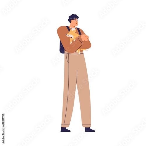 Man holding cute dog in hands, walking. Pet owner carrying small doggy in arms and going. Person with lovely puppy outdoors. Male and pup. Flat vector illustration isolated on white background