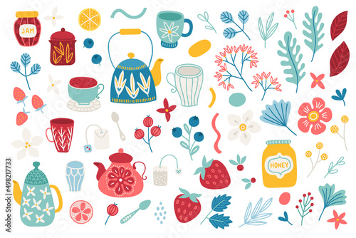 Summer design elements - tea, cup, strawberry, flowers, lemon, teapot, berry