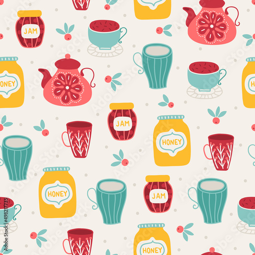 Floral seamless pattern with honey  jam  tea  cup  teapot  berries