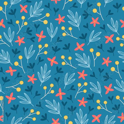 Floral seamless pattern with branches, flowers, leaves on blue background
