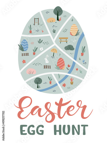 Cute Easter Egg Hunt design. Easter Egg Hunt hand drawn text. Cute map with Decorated Eggs, bunny, trees and carrots. Boho style. Vector illustration for greeting card, invitation, banner, poster