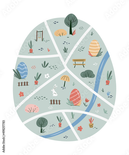 Cute Easter Egg Hunt design. Cute map with Decorated Eggs, bunny, trees and carrots. Boho style. Vector illustration for greeting card, invitation, banner, poster