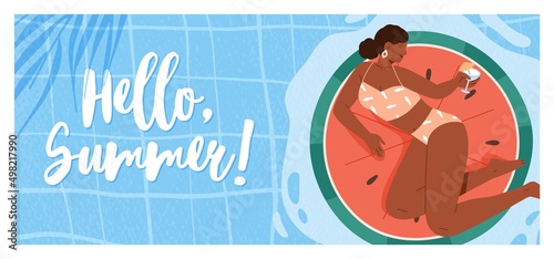 Hello summer card with black woman in bikini relaxing in water pool, swimming on watermelon ring with cocktail on summertime holiday. Tropical vacation banner. Colored flat vector illustration