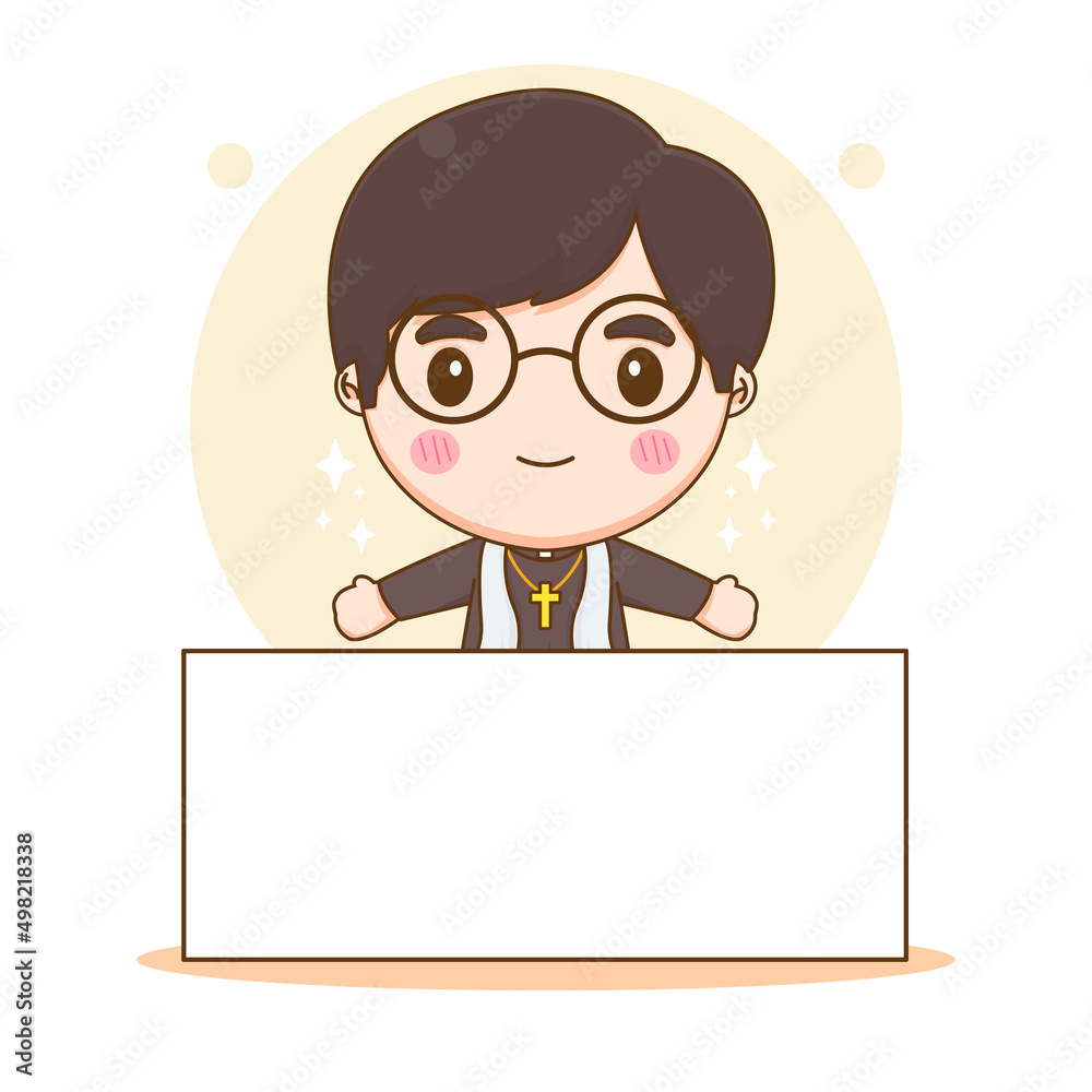 Cute priest with empty billboard chibi cartoon character illustration Cute priest with empty billboard chibi cartoon character illustration