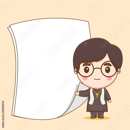 Cute priest with blank paper chibi cartoon character illustration