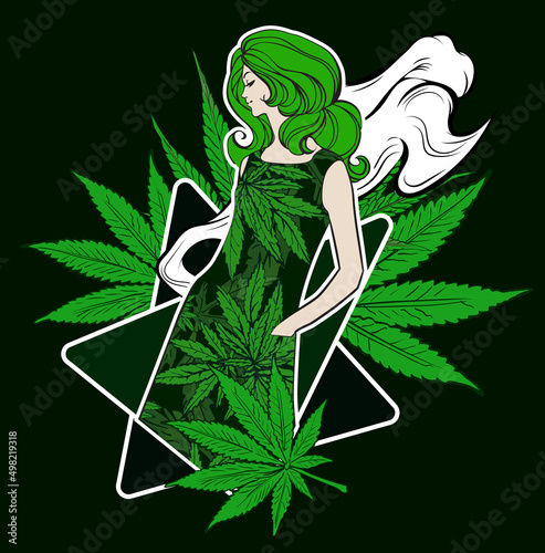 A girl fashion model dancing and posing. Cannabis pattern dress. Hemp leafs on the background