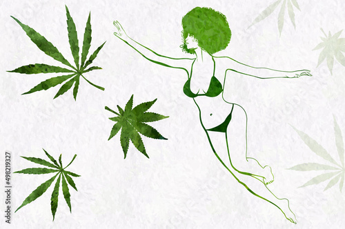 Woman's silhouette with afro hairstyle flying 
 around marijhuana leafs. Watercolor vector design template
