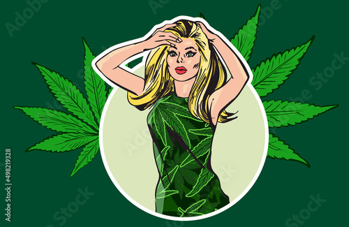 A girl fashion model dancing and posing. Cannabis pattern dress. Hemp leafs on the background