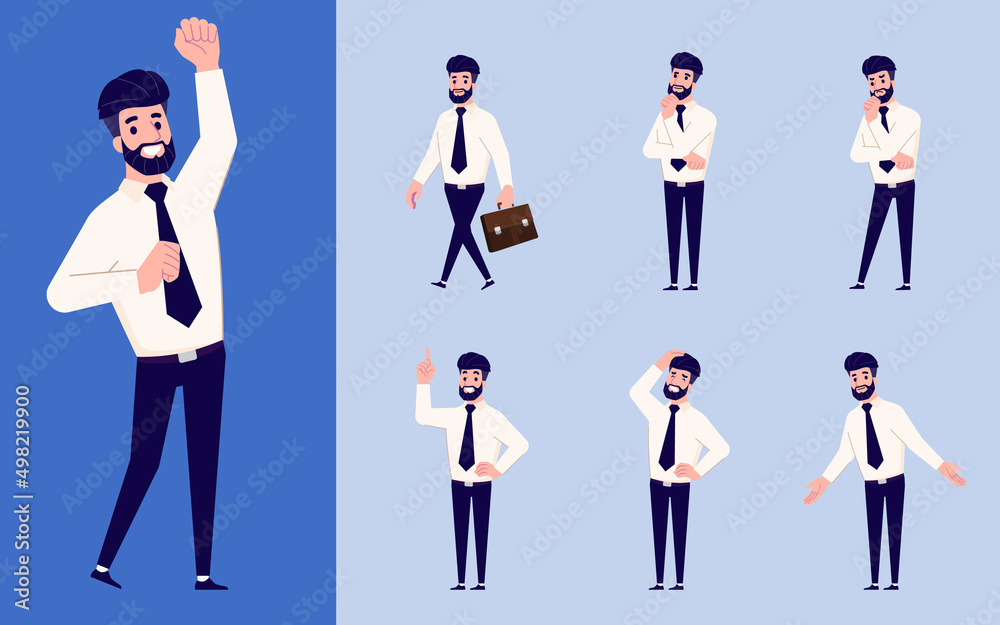 Set of Flat design businessman in many gesture isolated on white background. Business people in different pose in workplace. Character with separate body part for easy to animate in animation program. Set of Flat design businessman in many gesture isolated on white background. Business people in different pose in workplace. Character with separate body part for easy to animate in animation program.