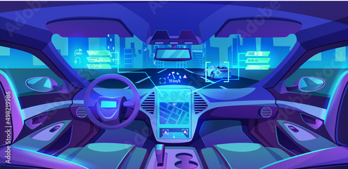 Autonomous vehicle of future interior, futuristic car interior design. Vector illustration, monitors and steering wheel, sensor with applications and navigations. Driverless function for drivers