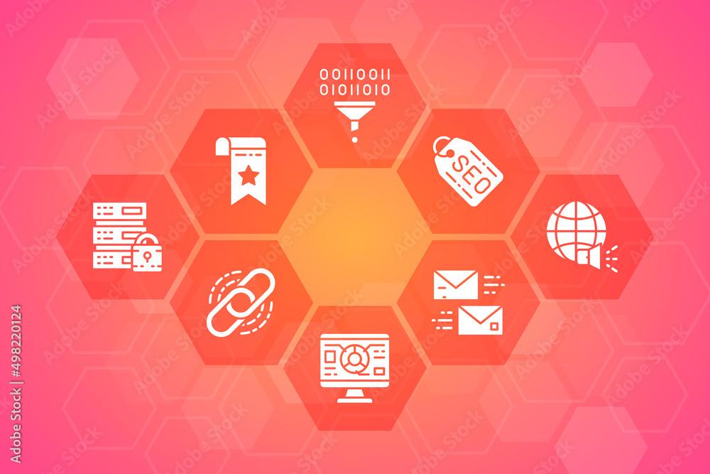 Naklejka premium SEO vector illustration for business presentation. Bookmark, Hosting, Hyperlink, Advertisement, Data Transfer web banner template design.